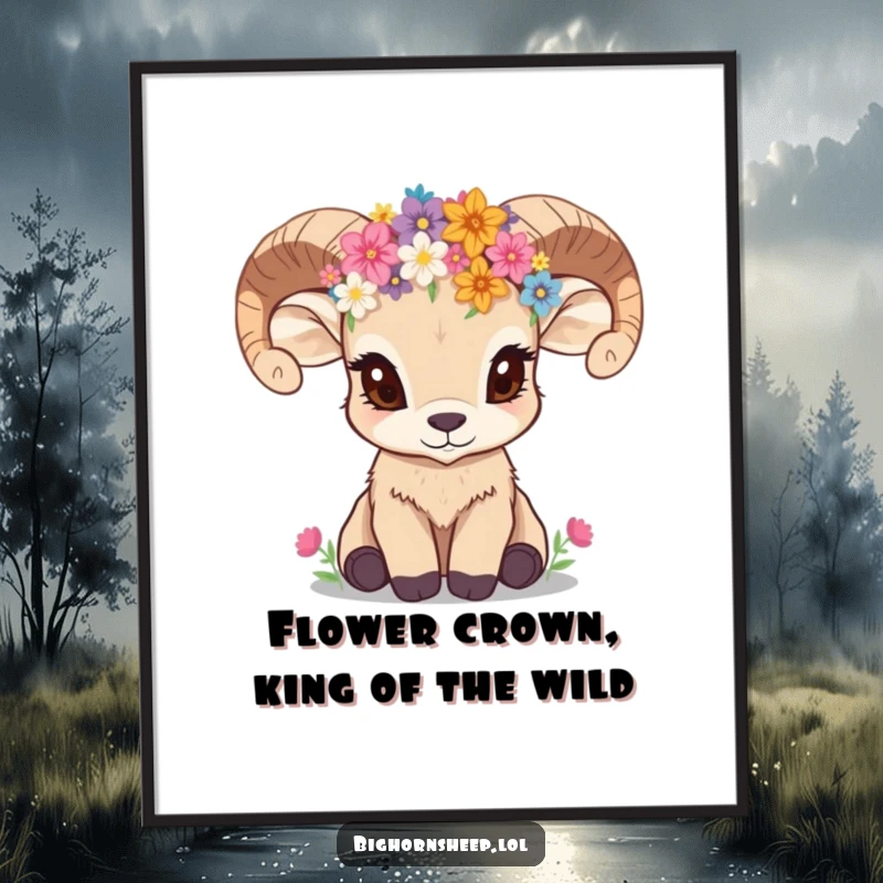 Funny Free Printable Wall Art: An inquisitive bighorn sheep cub crowned with wildflowers, gazing with curiosity.