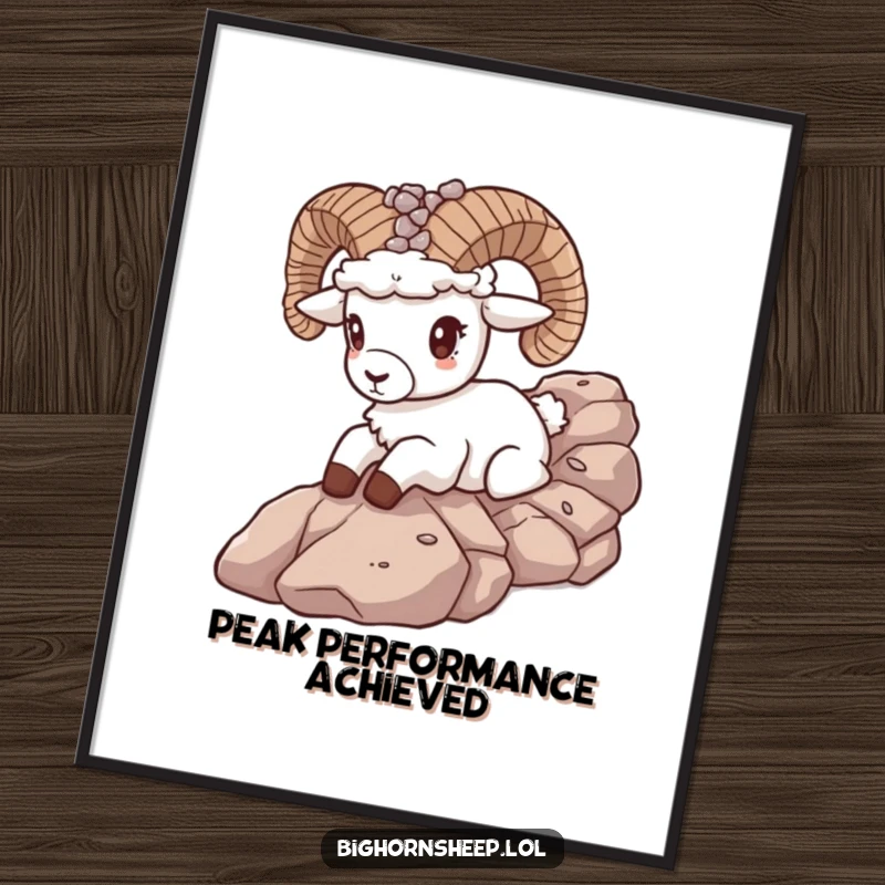 Funny free printable wall art shows a bighorn sheep wearing a pebble crown, gleefully sliding down a steep, rocky mountain slope.