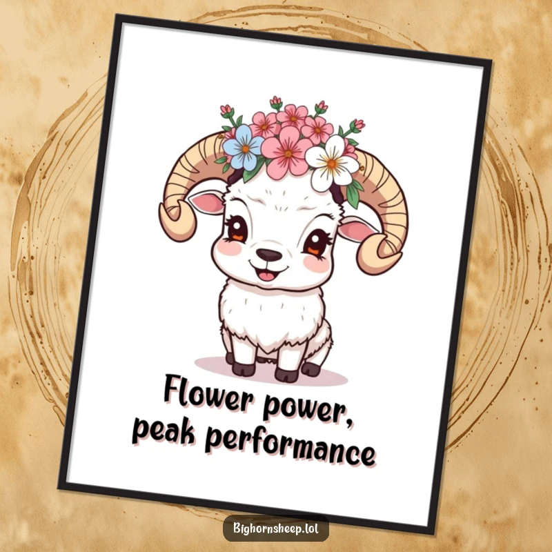Funny Free Printable Wall Art: A giggling bighorn sheep adorned with a crown of alpine blossoms brings joyful and whimsical charm.