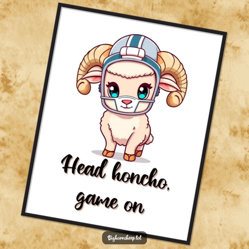 Funny Free Printable Wall Art of a cute bighorn sheep wearing a tiny football helmet, looking ready for the game.