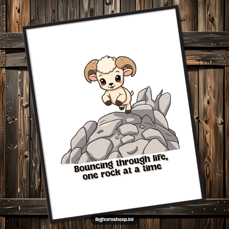 Funny Free Printable Wall Art: Cute bighorn sheep cub happily bouncing high on rocky terrain, vibrant and energetic downloadable art.