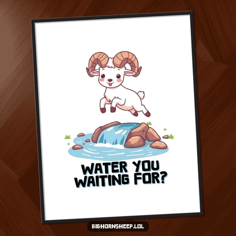 Funny Free Printable Wall Art: A happy Bighorn Sheep mid-leap over a stream, capturing pure joy and outdoor fun.