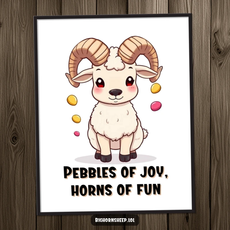Funny Free Printable Wall Art: A bighorn sheep masterfully juggling colorful pebbles with its horns.