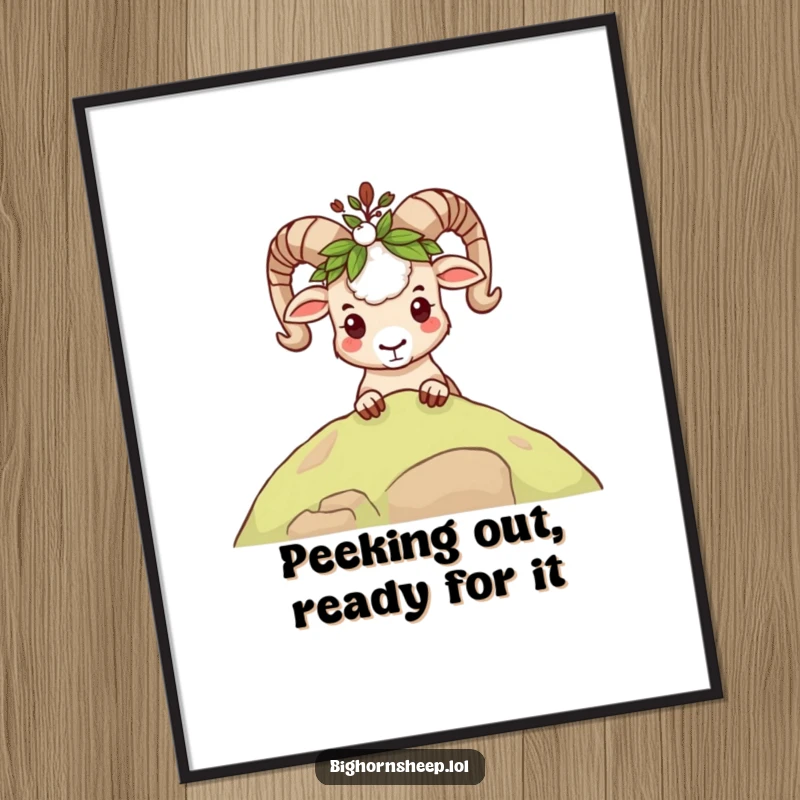 Funny Free Printable Wall Art depicting a mischievous bighorn sheep in a leafy crown, peeking over a ridge with a sly look.
