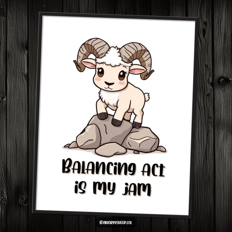 Funny Free Printable Wall Art: Bighorn sheep with a determined expression carefully attempts to balance a stack of rocks.