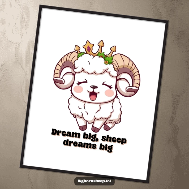 Funny Free Printable Wall Art showing a sleepy bighorn sheep wearing a mossy crown and yawning adorably.