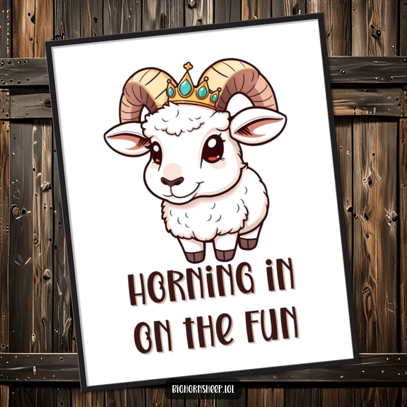 Funny Free Printable Wall Art: Bighorn sheep with a jeweled crown sliding down its horn in a comical pose.