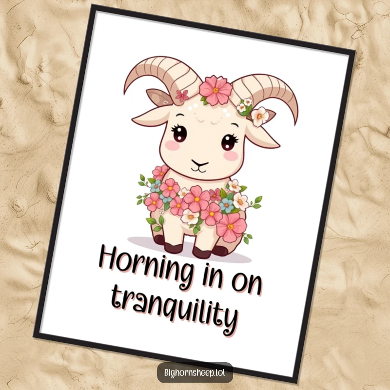 Funny Free Printable Wall Art: Bighorn sheep wearing a flower garland looks utterly serene, bringing calm beauty home.