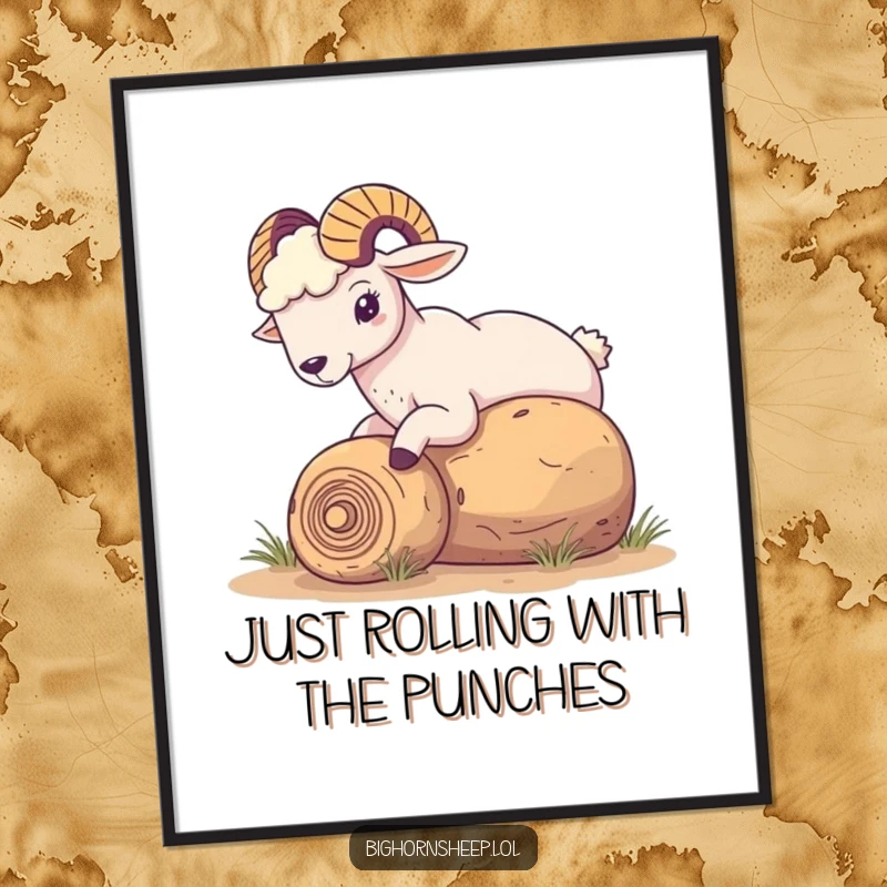 Funny Free Printable Wall Art: Bighorn sheep playfully nudging a rolling tumbleweed in a desert landscape, whimsical and engaging downloadable art.