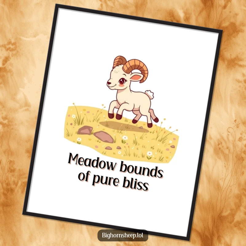 Funny free printable wall art shows a delightful bighorn sheep cub energetically bounding across a sunlit meadow with pure joy.