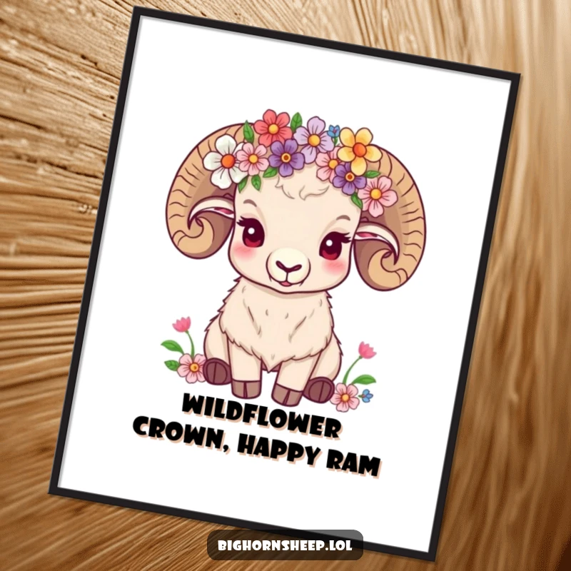 Funny Free Printable Wall Art: A content bighorn sheep wears a crown of wildflowers, radiating peace.