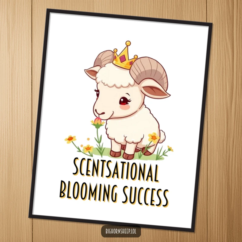 Funny Free Printable Wall Art: A curious bighorn sheep wearing a tiny crown delicately sniffs a colorful wild flower, bringing whimsical charm.