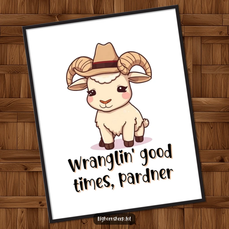 Funny Free Printable Cowboy Bighorn Sheep Art: A playful sheep wearing a small hat, giving a charming and mischievous wink.