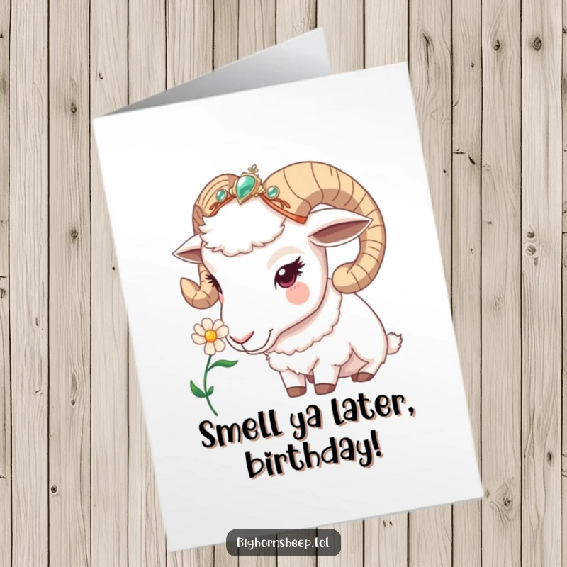 Funny Free Printable Birthday Card: Bighorn sheep in jeweled headband curiously sniffing a colorful flower.