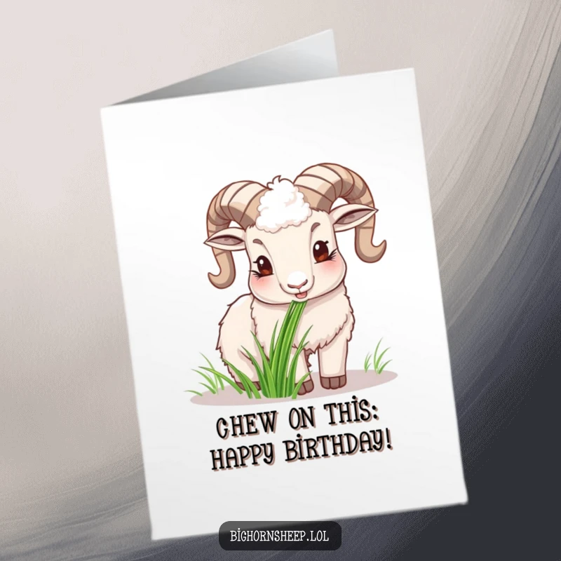 Funny Free Printable Bighorn Sheep Birthday Card: A happy sheep contentedly chewing on a patch of green grass.