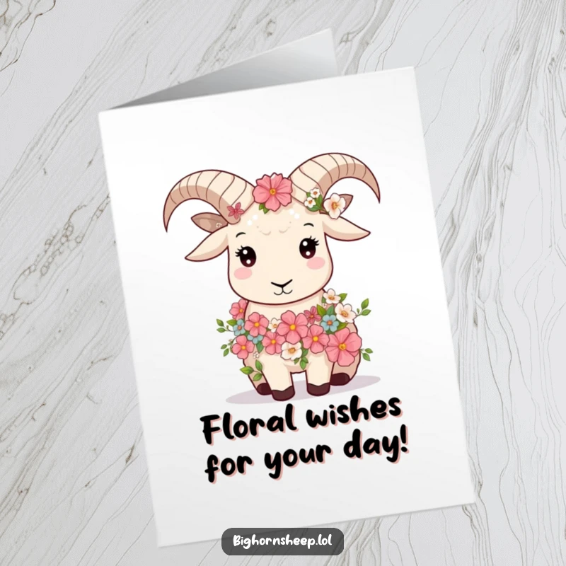 Funny Free Printable Birthday Card: Bighorn sheep adorned with flowers gazes serenely, wishing a peaceful birthday.