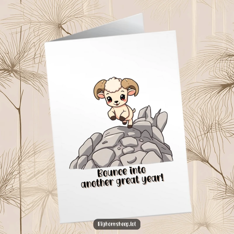 Funny Free Printable Birthday Card: Energetic bighorn sheep cub happily bouncing with excitement on rugged rocky terrain, playful design.
