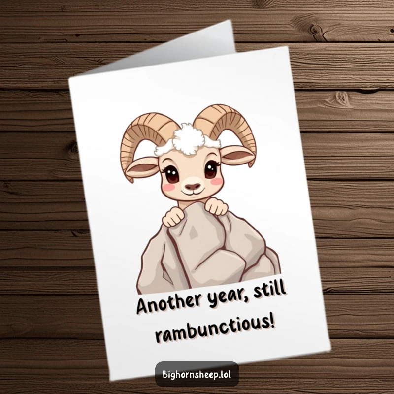 Funny Free Printable Birthday Card: Bighorn sheep curiously peeking over a rocky outcrop.