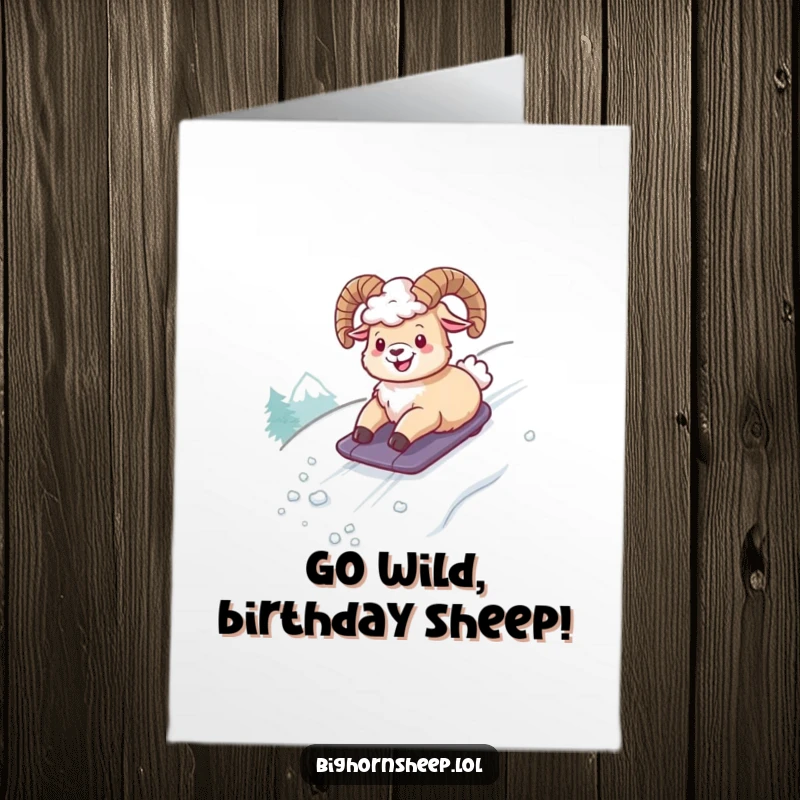 Funny Free Printable Birthday Card: Giggling bighorn sheep joyfully sliding down a snowy mountain, embodying pure winter fun.