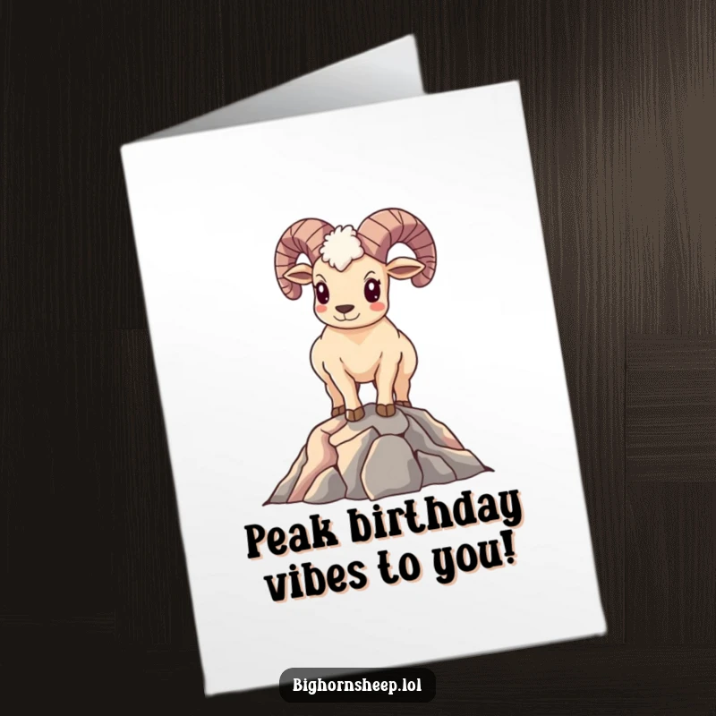 Funny Free Printable Birthday Card: Smiling bighorn sheep standing tall and proud atop a majestic mountain peak, celebrating success.