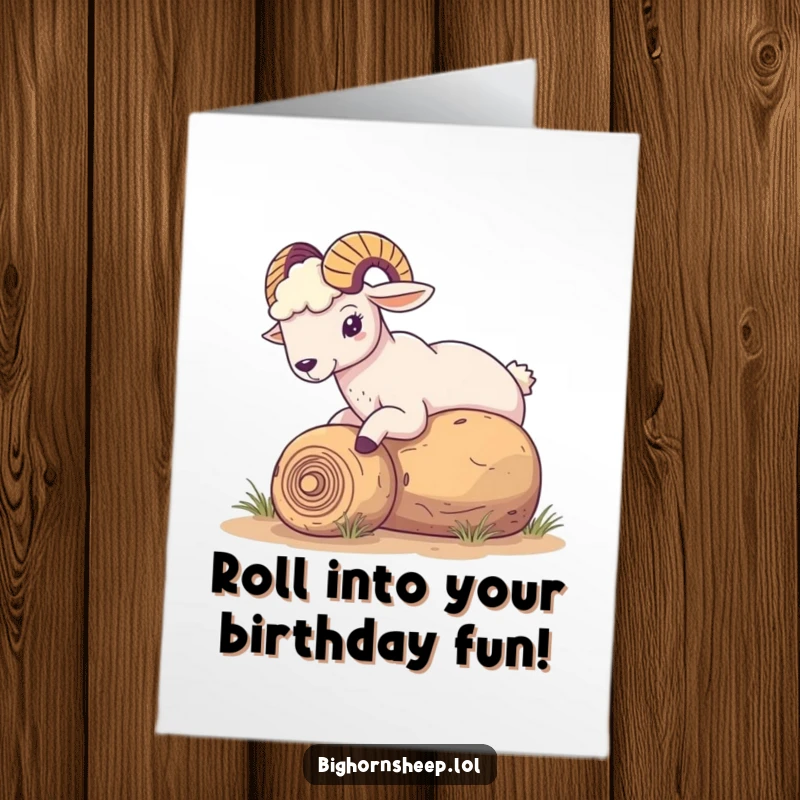 Funny Free Printable Birthday Card: Bighorn sheep playfully nudging a rolling tumbleweed across a dry landscape, whimsical and fun.