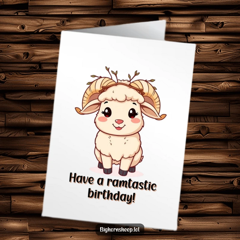 Funny Free Printable Birthday Card featuring a cheerful bighorn sheep wearing a twig crown, waving happily.