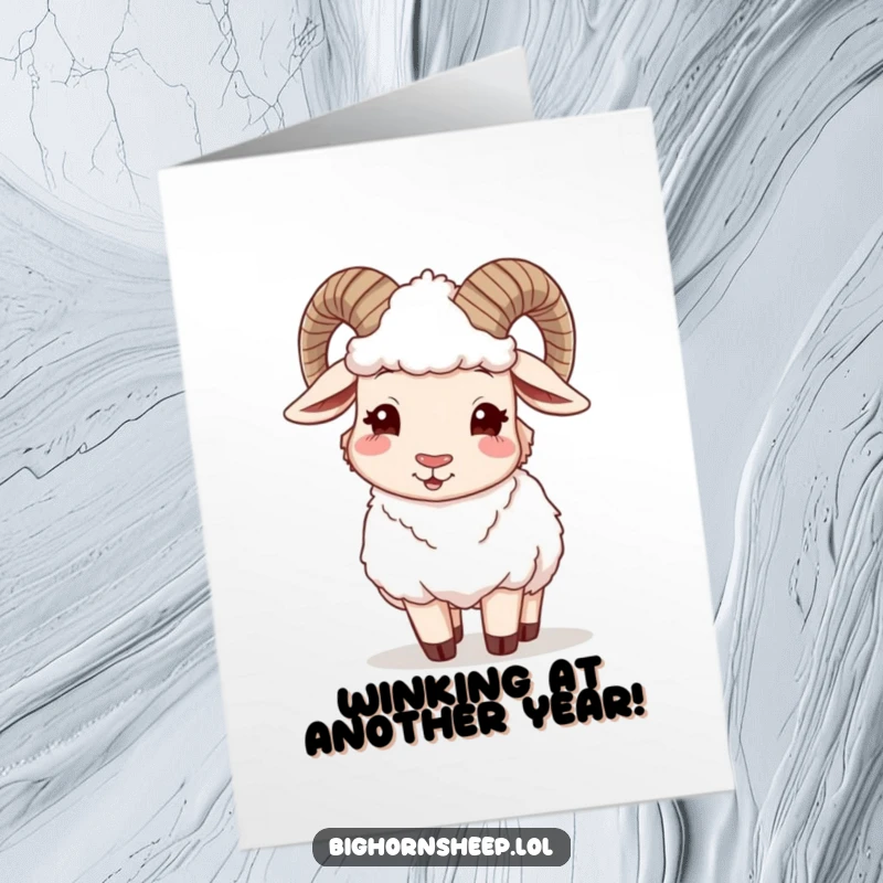 Funny Free Printable Birthday Card: Happy bighorn sheep winking mischievously while adjusting its fluffy woolly fleece, stylish and fun.
