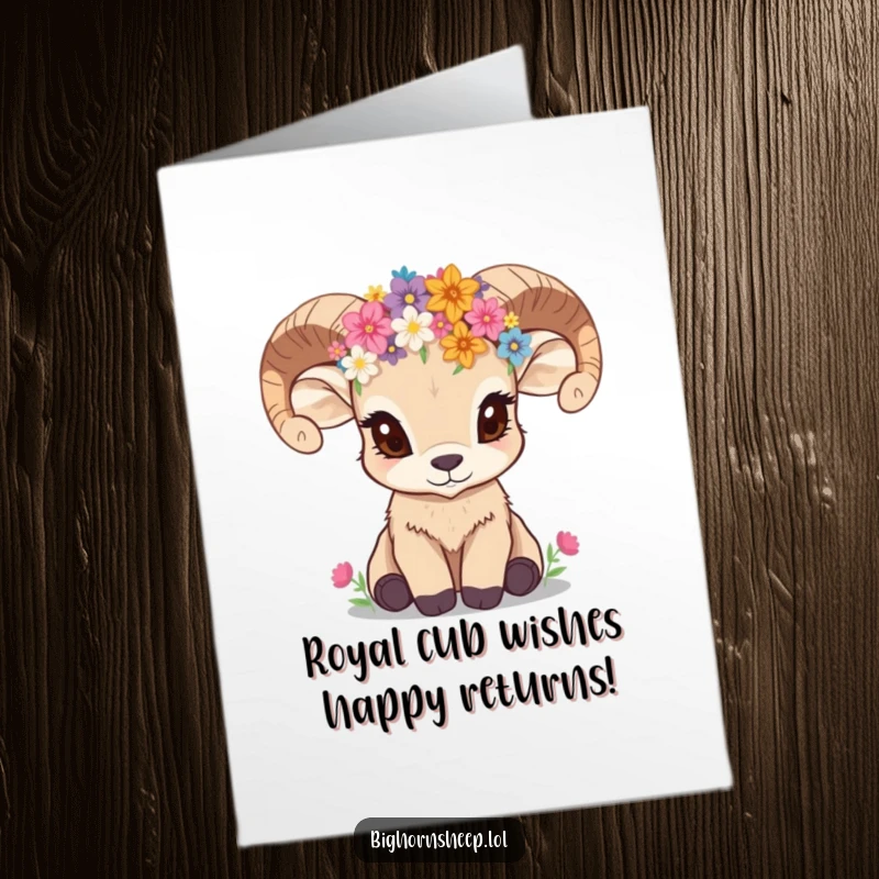 Funny Free Printable Birthday Card: A cute bighorn sheep cub with a wildflower crown, looking up inquisitively.