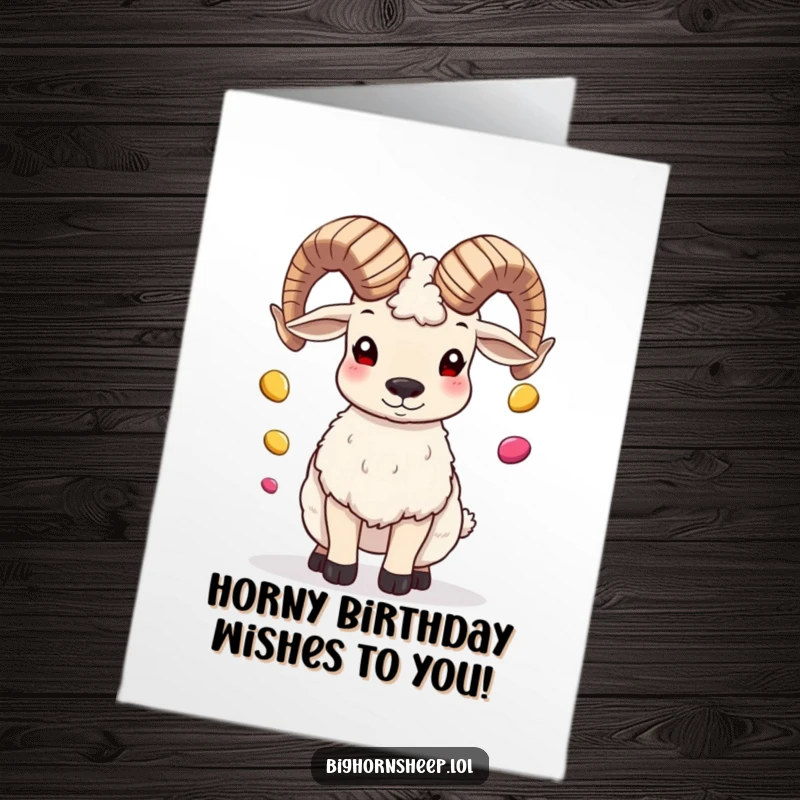 Funny Free Printable Birthday Card: A bighorn sheep skillfully juggling colorful pebbles with its impressive horns.