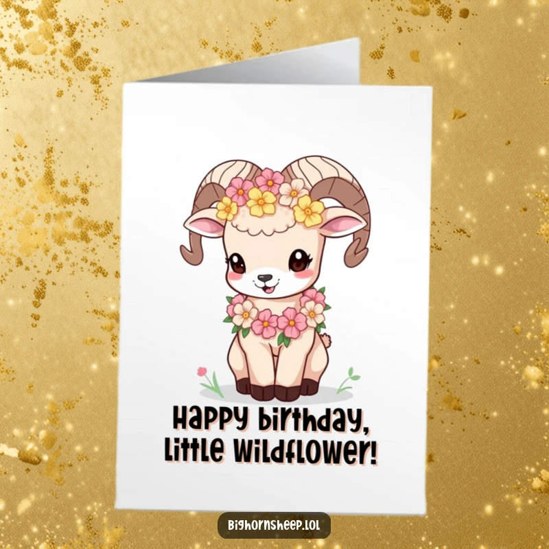 Funny free printable birthday card shows a cute bighorn sheep cub wearing a flower garland and letting out a playful bleat.