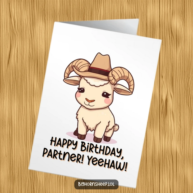 Funny Free Printable Cowboy Bighorn Sheep Birthday Card: A charming sheep sporting a tiny hat, delivering a cheeky wink.