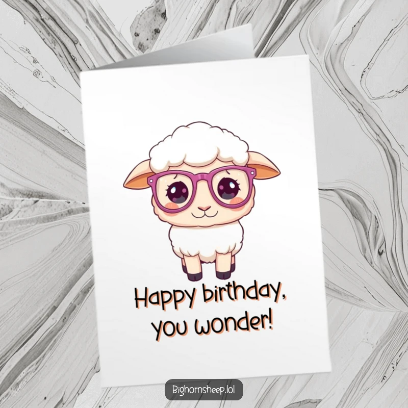 Funny Free Printable Birthday Card: Bighorn sheep wearing oversized sparkly glasses, looking playfully confused and cheerful.