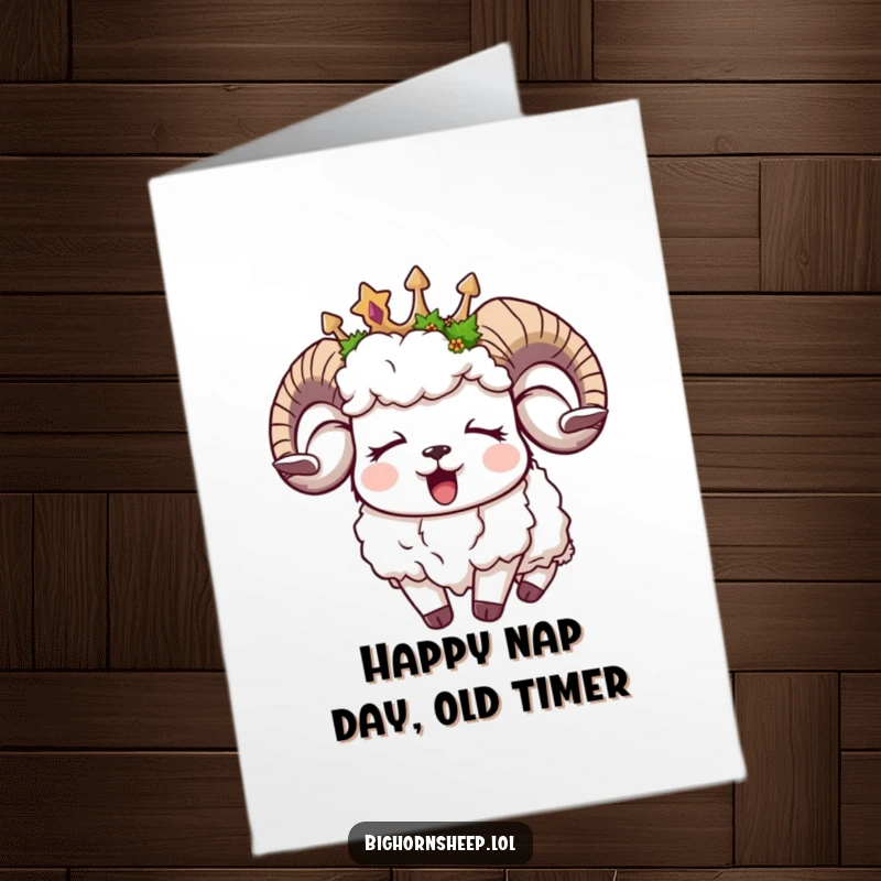 Funny Free Printable Birthday Card showing a sleepy bighorn sheep in a moss-adorned crown, letting out a big yawn.