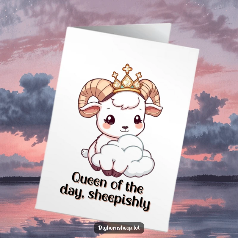 Funny Free Printable Birthday Card: Bighorn sheep in tiara playfully headbutting a cloud, bringing birthday joy.