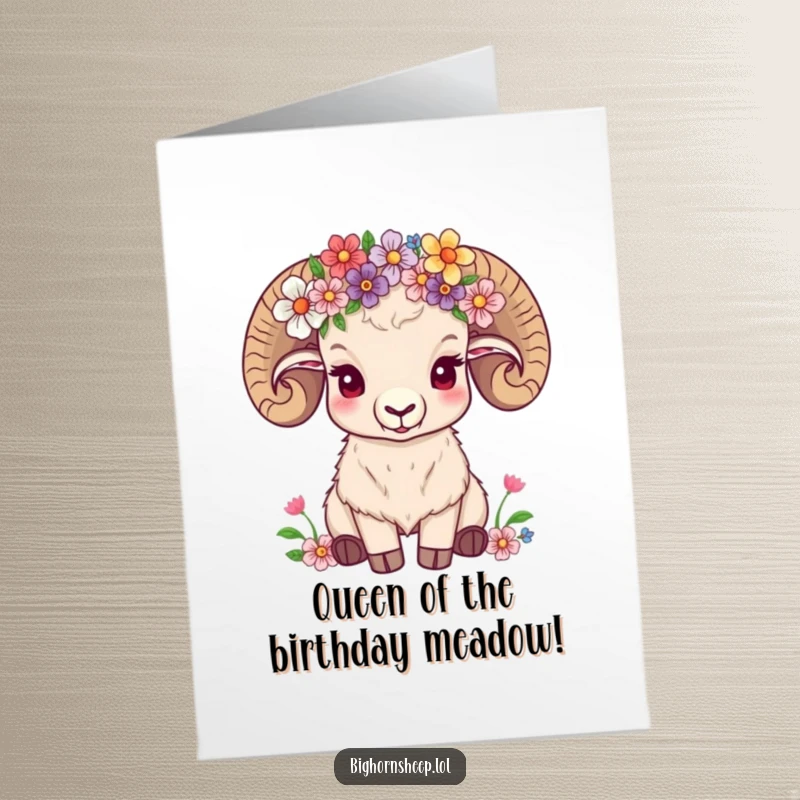 Funny Free Printable Birthday Card: A content bighorn sheep adorned with a beautiful crown of wildflowers.