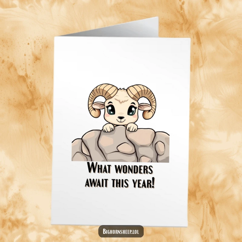 Funny Free Printable Curious Bighorn Sheep Birthday Card: A sheep with big, wide eyes peeking over a ledge in wonder.