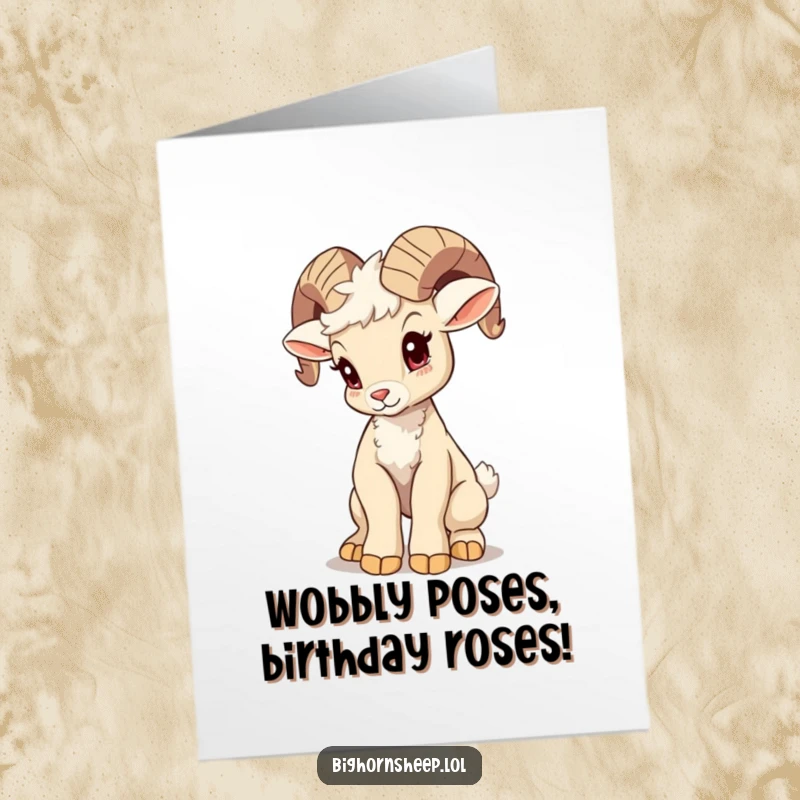 Funny free printable birthday card: A bighorn sheep cub wobbles precariously while attempting a majestic, but failed, pose.