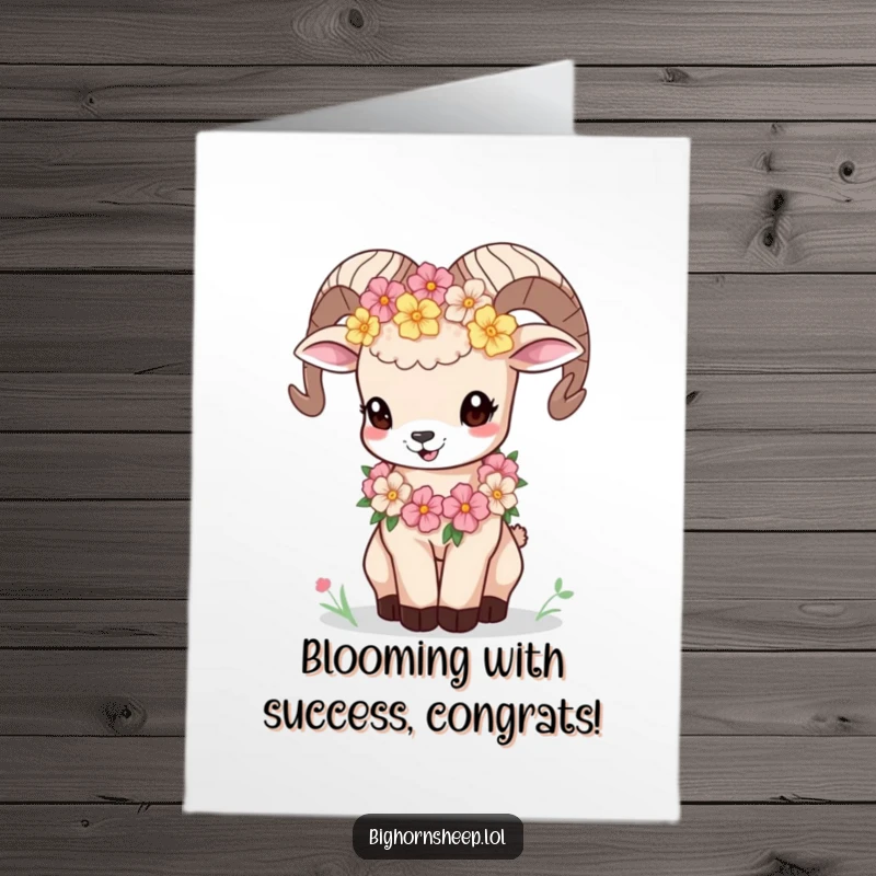 Funny free printable congratulations card shows a bighorn sheep cub in a flower garland, bleating happily to celebrate a win.