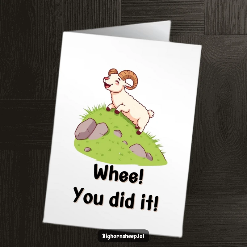 Funny Free Printable Congratulations Card: A bighorn sheep slides down a hill joyfully, celebrating your success!