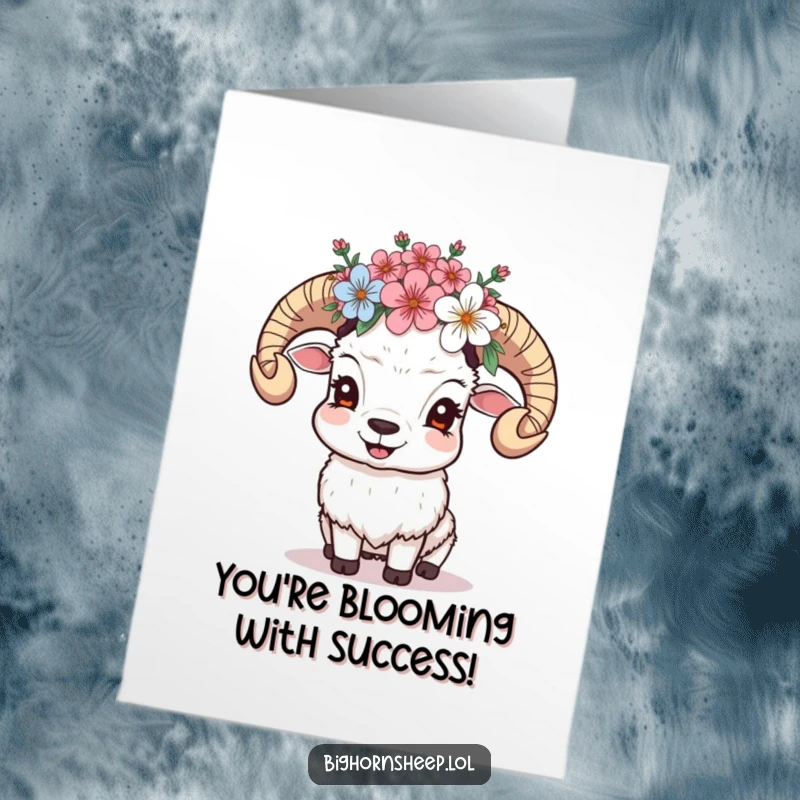 Funny Free Printable Congratulations Card: A giggling bighorn sheep wears a crown of alpine blossoms, celebrating achievements with a joyful display.