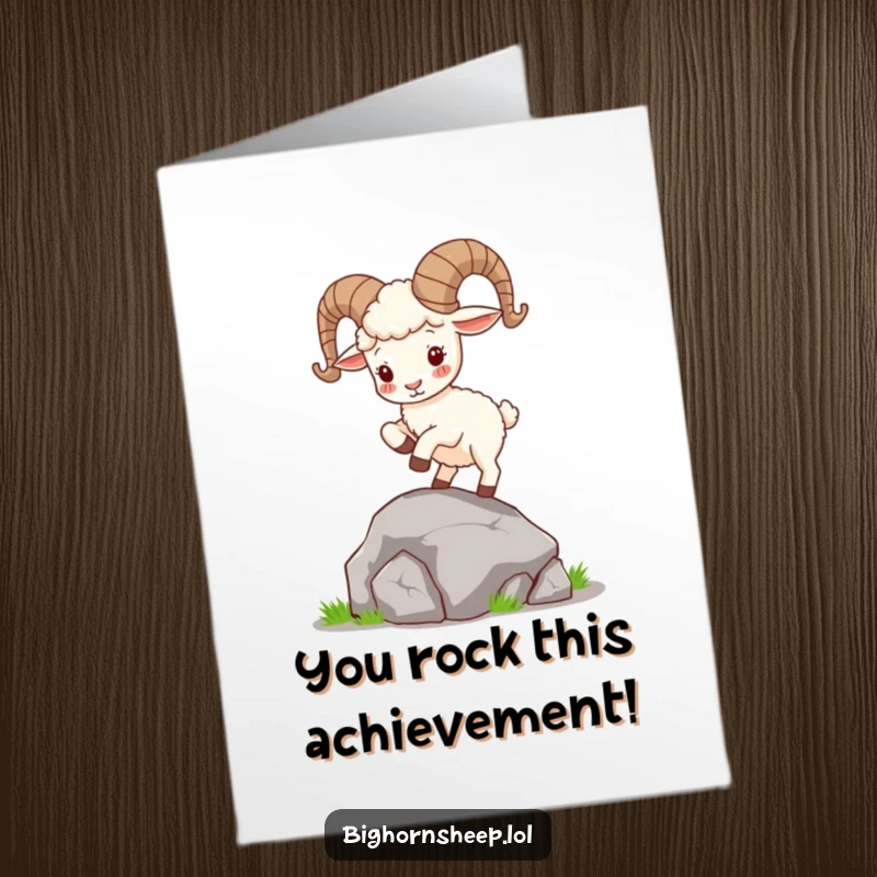 Funny Free Printable Congratulations Card: A bighorn sheep with curly horns excitedly hops on a rock, celebrating success with pure energy.