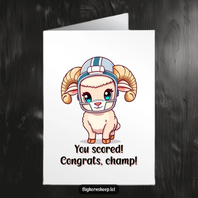 Funny Free Printable Congratulations Card showing a bighorn sheep in football gear, celebrating a big win with a helmet.