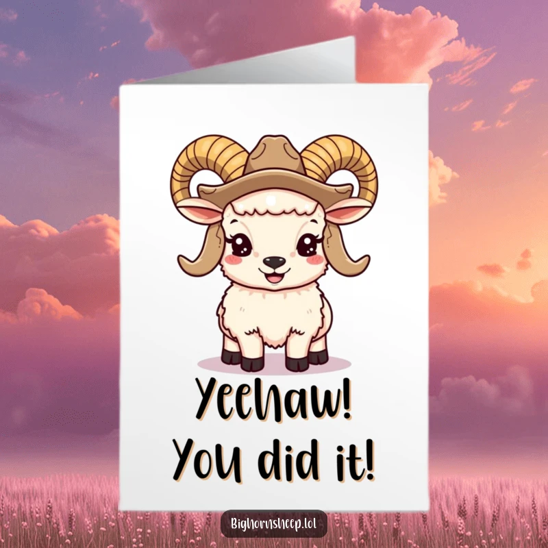 Funny Free Printable Congrats Card: cute bighorn sheep, large horns, cowboy hat, smiling, downloadable art, DIY gift.