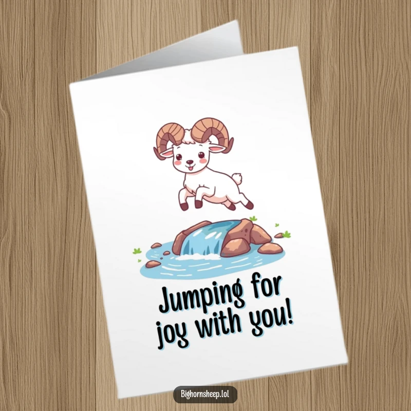 Funny Free Printable Congratulations Card: A happy Bighorn Sheep joyfully leaping over a stream, celebrating success with energy.