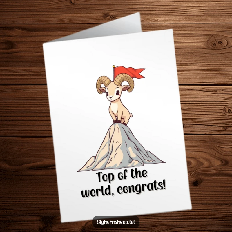 Funny Free Printable Congratulations Card: A bighorn sheep standing proudly on a mountain summit, planting a flag of victory.
