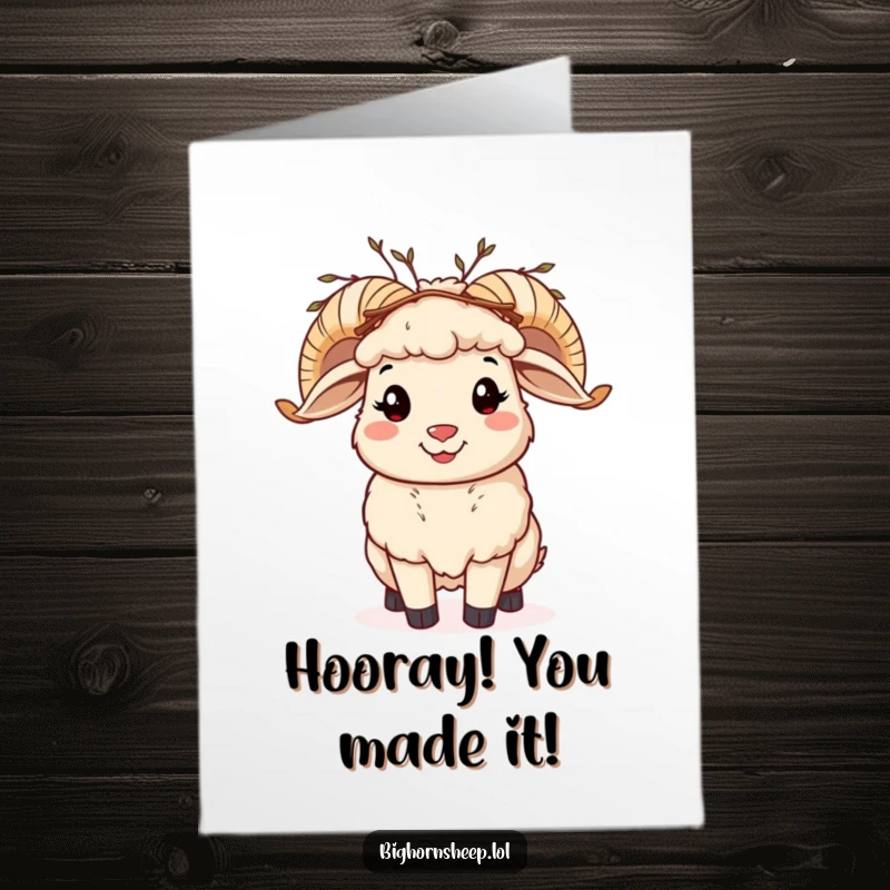 Funny Free Printable Congratulations Card with a cheerful bighorn sheep sporting a twig crown and waving joyfully.
