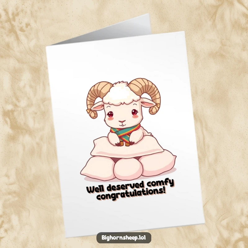 Funny Free Printable Congrats Card: A bighorn sheep in a regal sash comically dives into a pile of soft pillows.