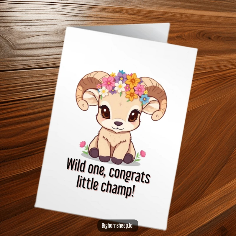 Free Printable Congratulations Card: An inquisitive bighorn sheep cub wearing a wildflower crown, looking ready to celebrate.