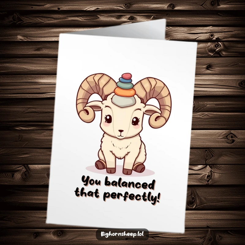 Funny Free Printable Congrats Card: Bighorn sheep elegantly balances a pebble tower on its horns, celebrating a feat.