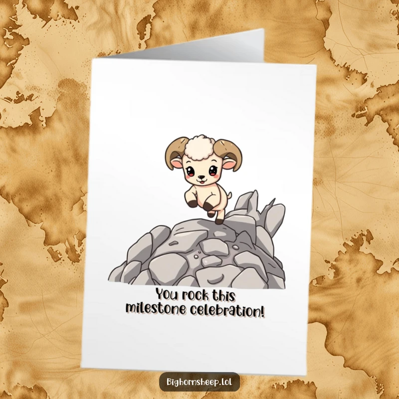 Funny Free Printable Congratulations Card: Cute bighorn sheep cub joyfully bouncing on rocky ground, perfect for any celebration.